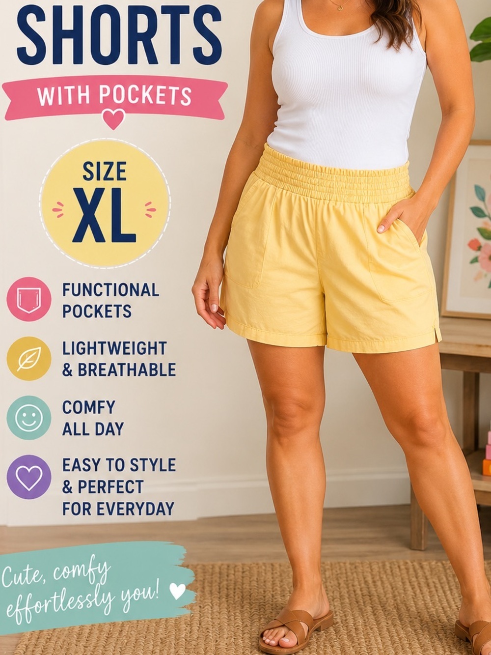 A NEW DAY Yellow Elastic-Waist Women’s Shorts XL